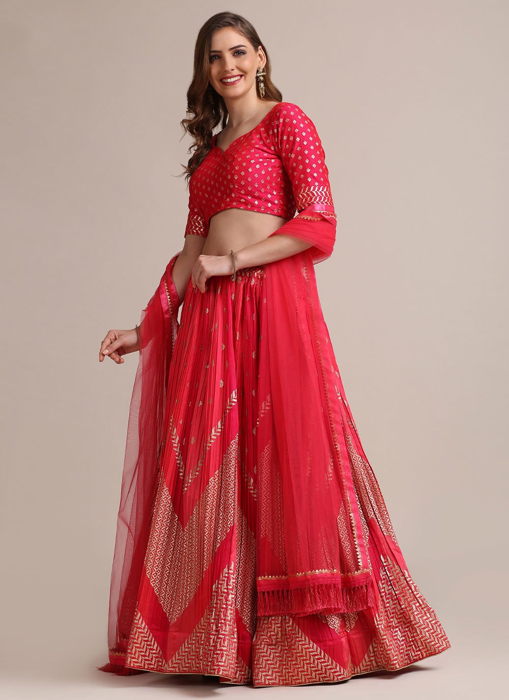 A Line Lehenga Jacquard Silk Pink Woven Lehenga Choli