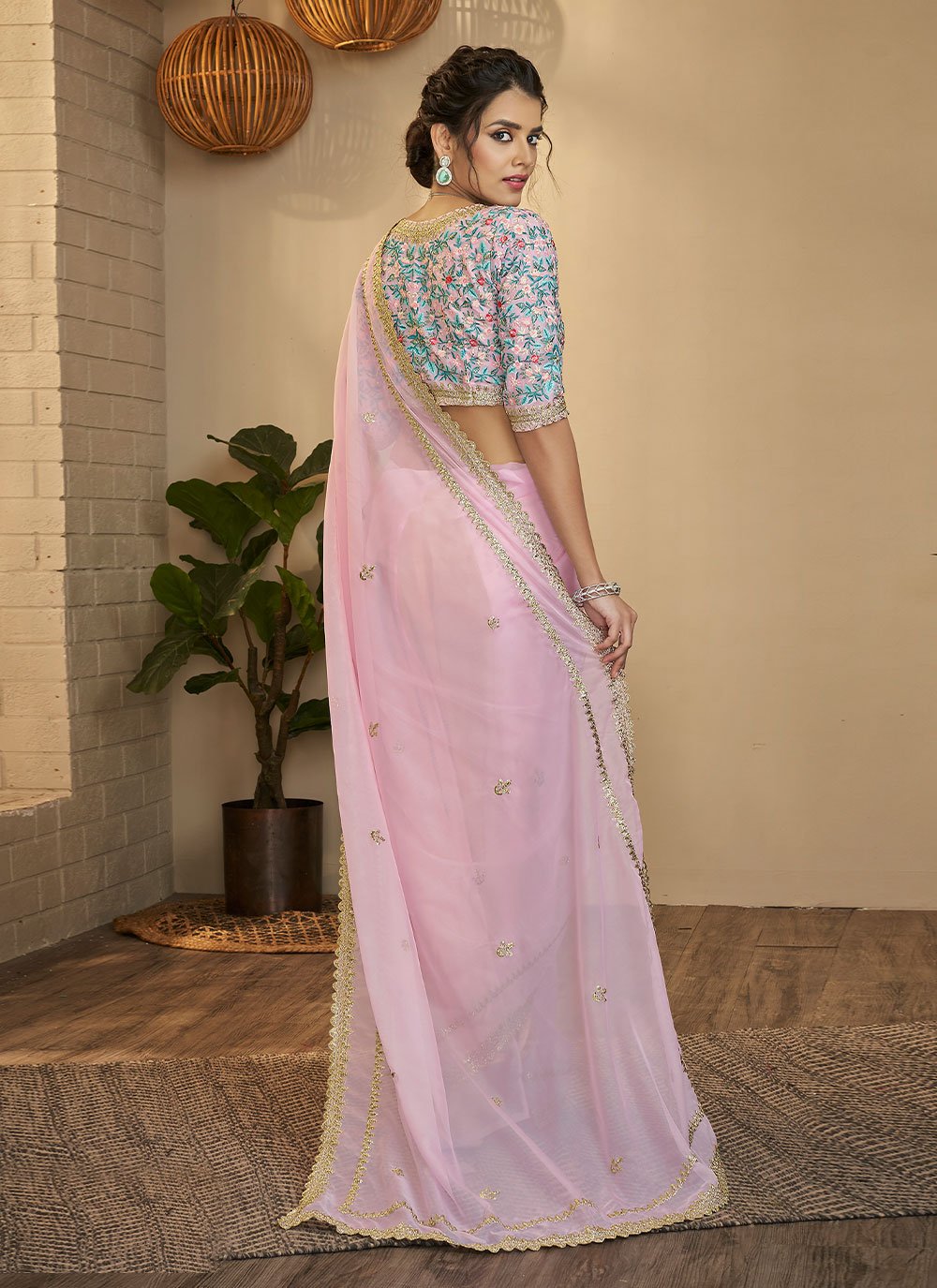 Classic Organza Pink Thread Saree