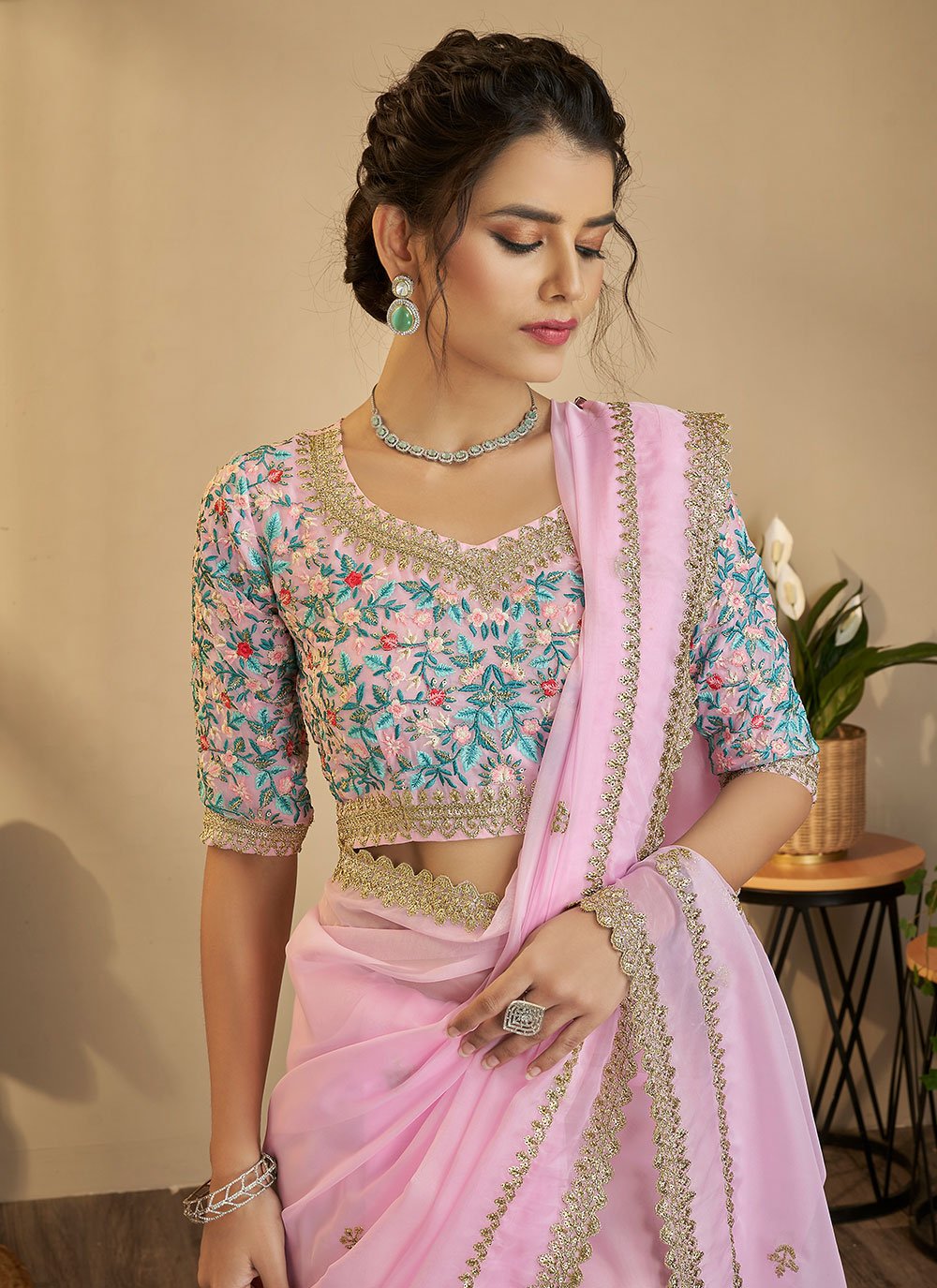 Classic Organza Pink Thread Saree
