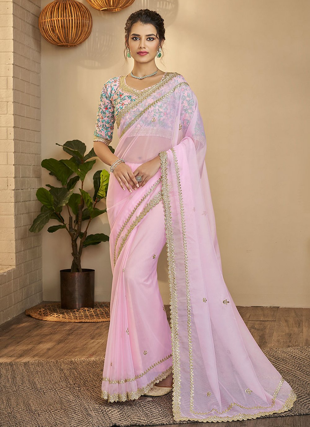 Classic Organza Pink Thread Saree