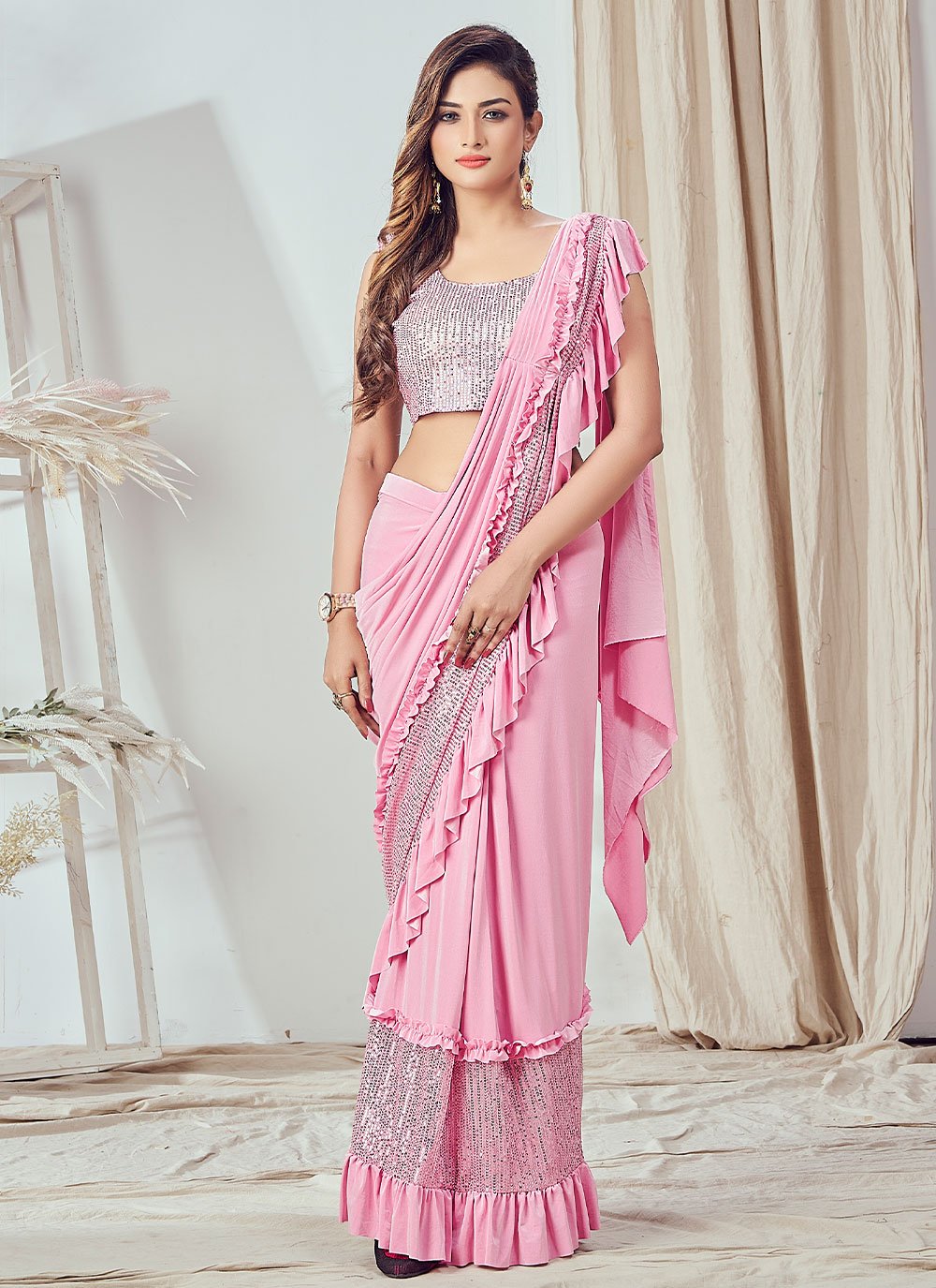 Classic Imported Pink Sequins Saree