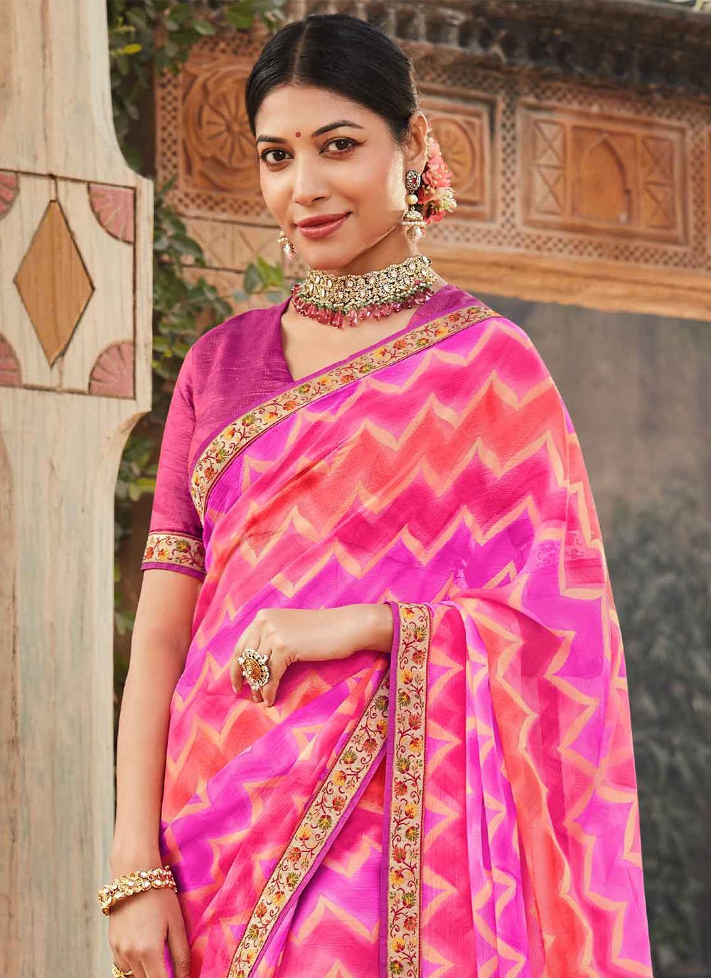 Classic Brasso Pink Fancy Work Saree