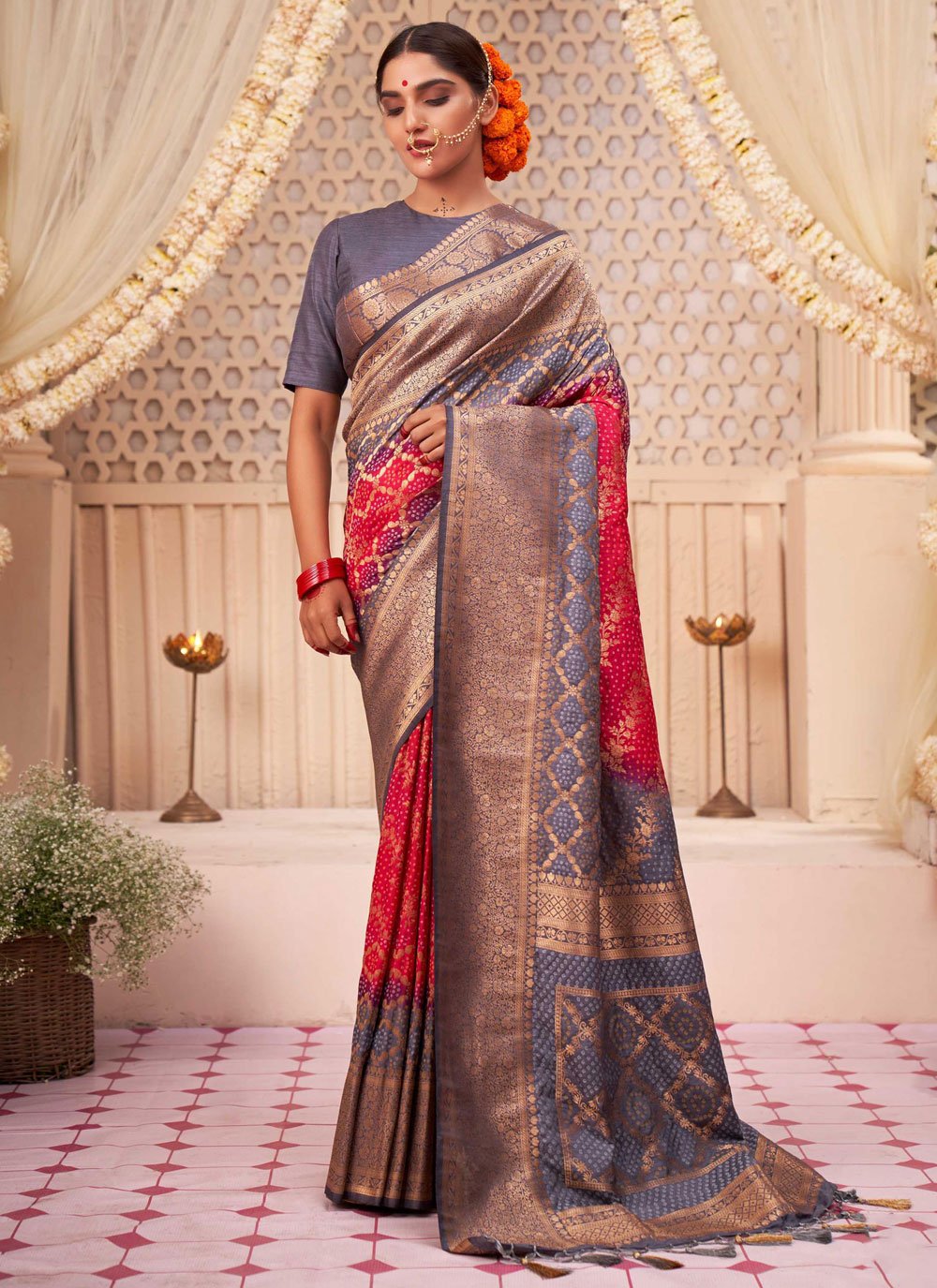 Contemporary Raw Silk Pink Woven Saree
