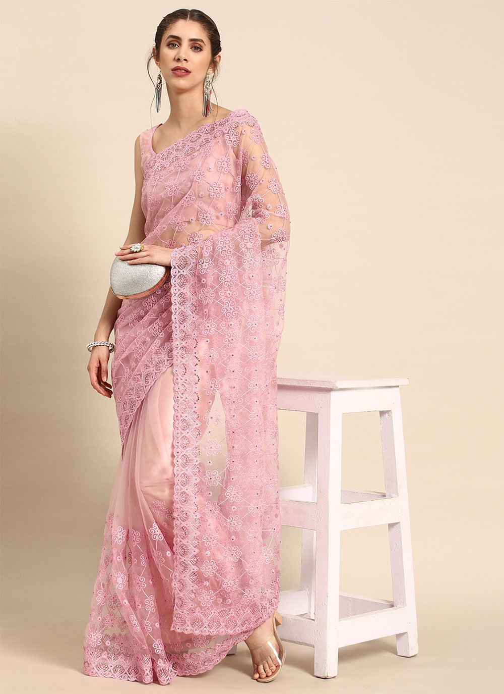 Contemporary Net Pink Embroidered Saree