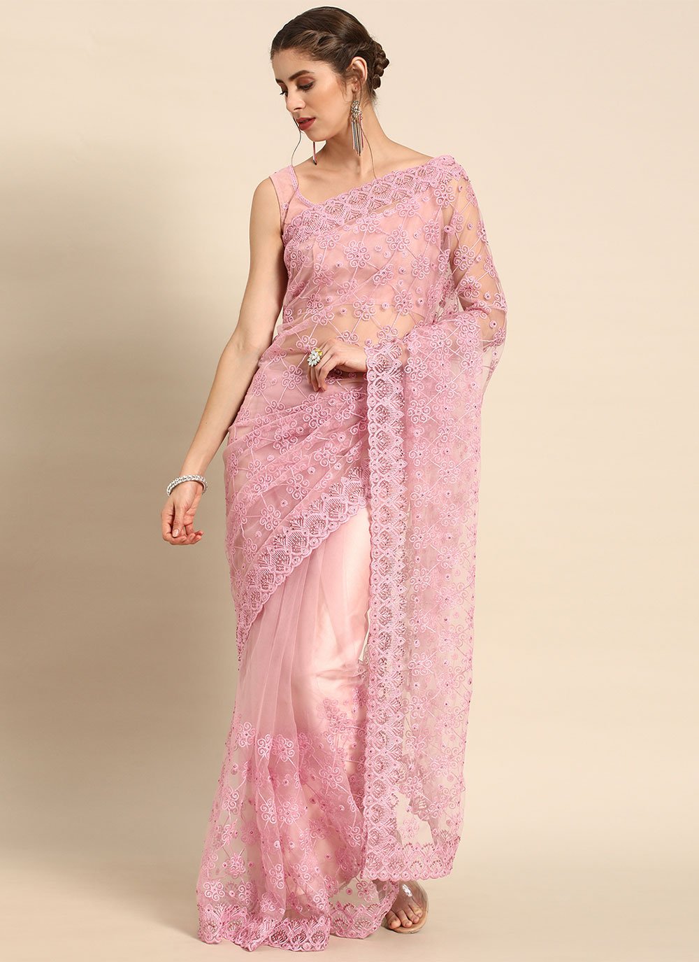 Contemporary Net Pink Embroidered Saree