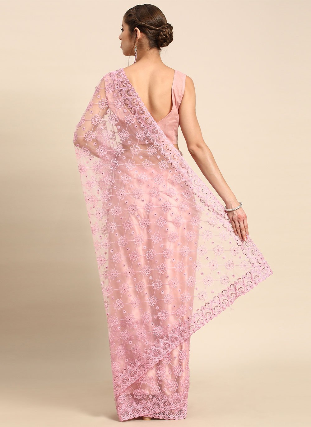 Contemporary Net Pink Embroidered Saree