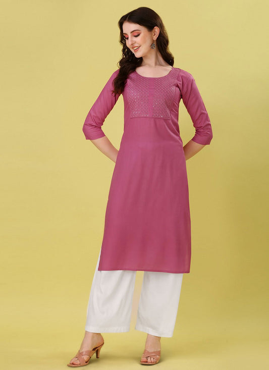 Designer Kurti Rayon Pink Embroidered Kurtis