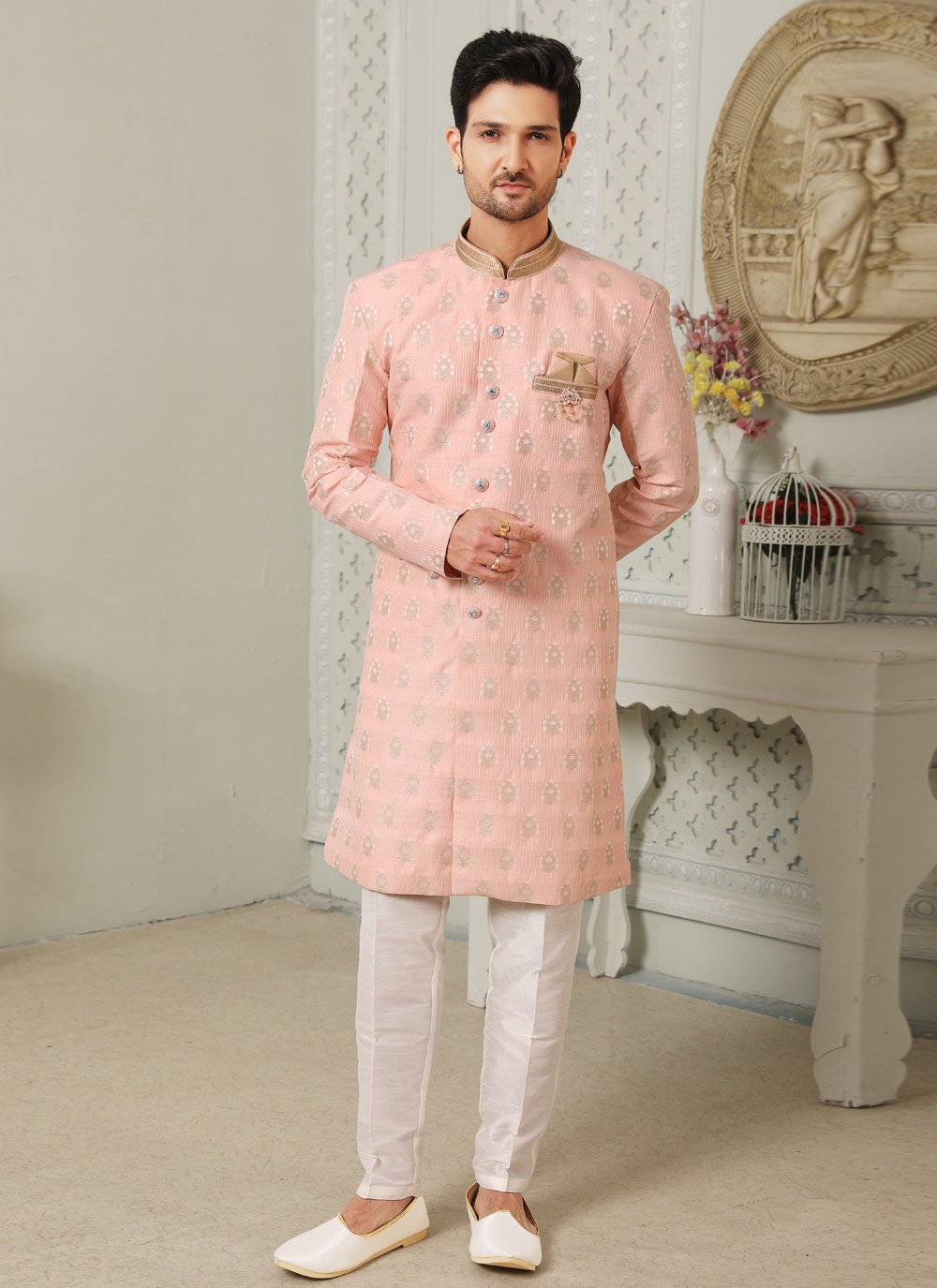 Indo Western Art Silk Pink Embroidered Mens