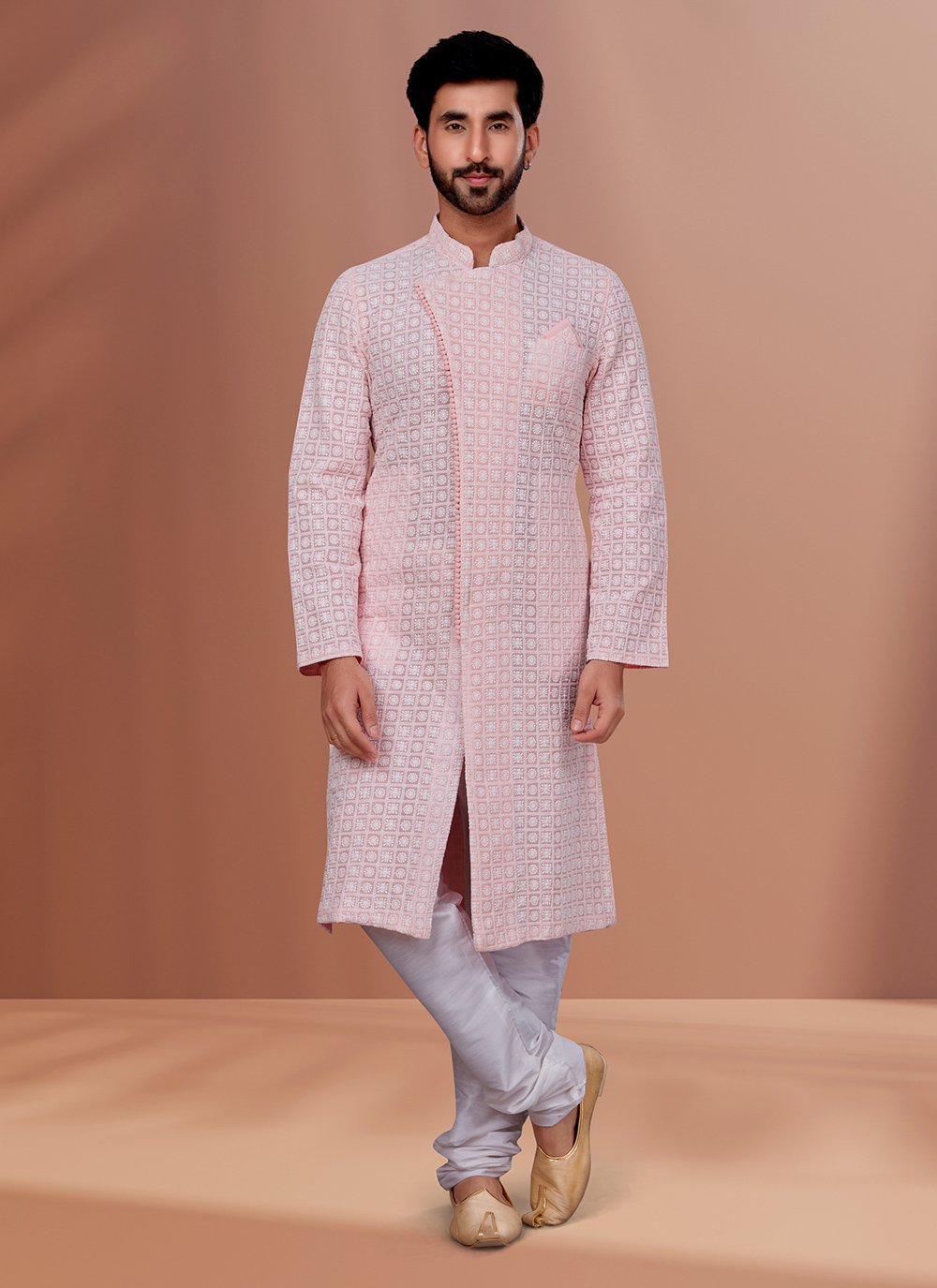 Kurta Pyjama Georgette Pink Embroidered Mens