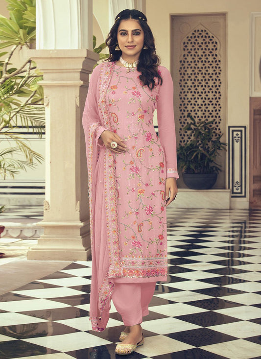 Pant Style Suit Faux Georgette Pink Embroidered Salwar Kameez