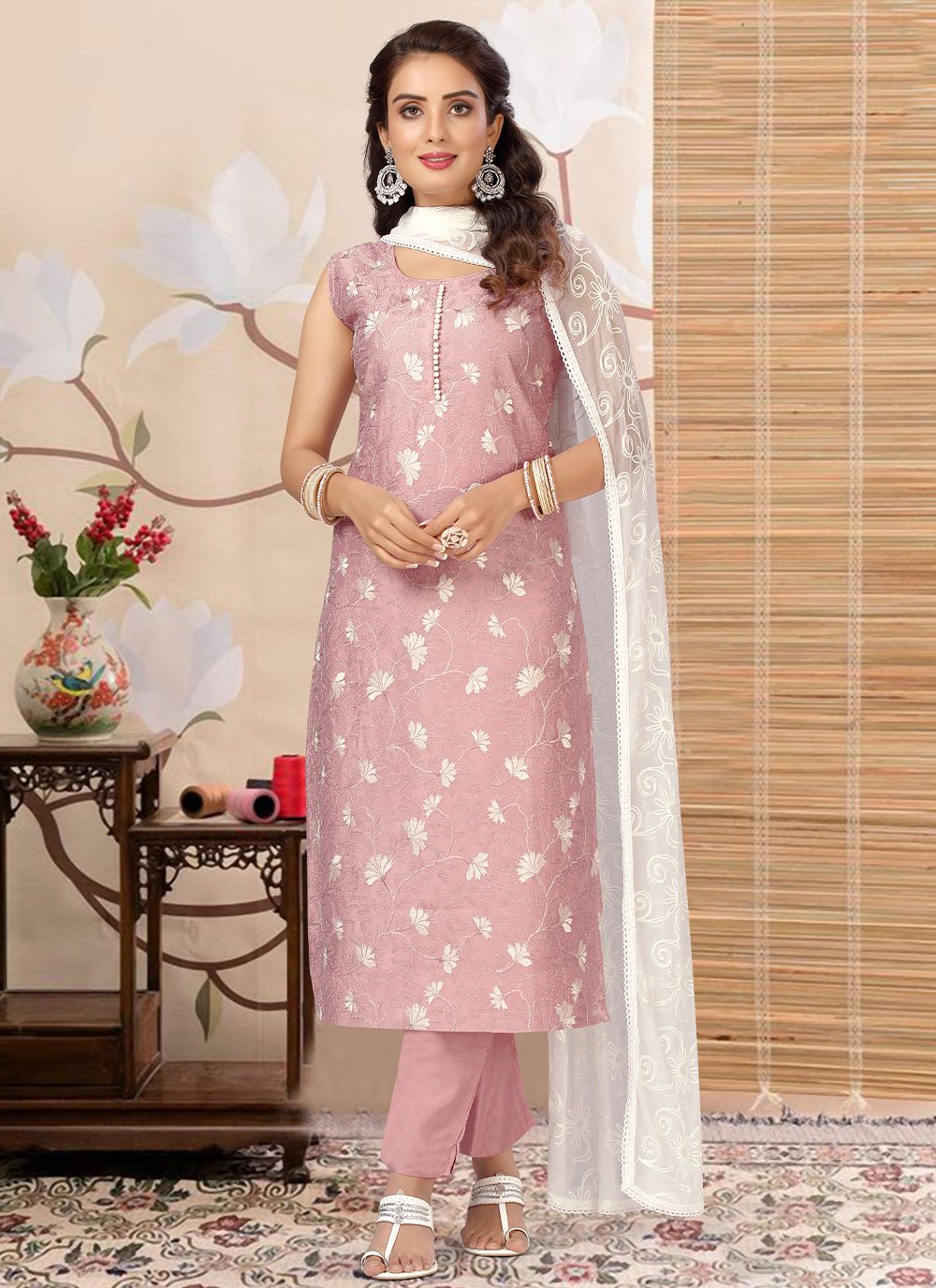 Pant Style Suit Silk Pink Embroidered Salwar Kameez