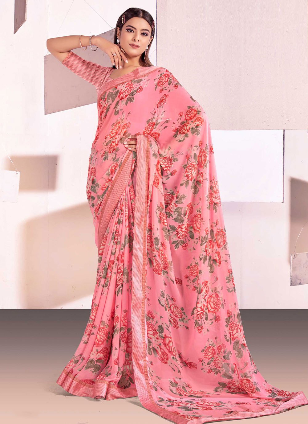 Classic Satin Pink Digital Print Saree