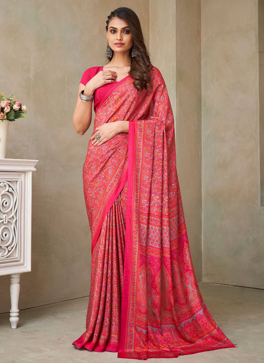 Classic Faux Crepe Silk Pink Print Saree