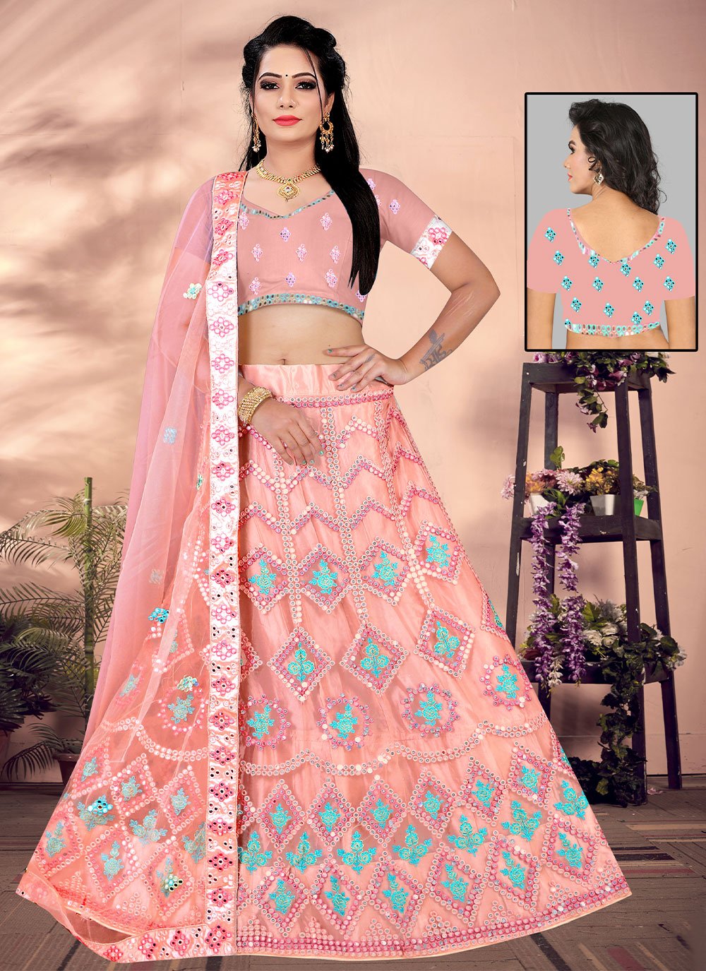 Lehenga Choli Net Pink Mirror Lehenga Choli