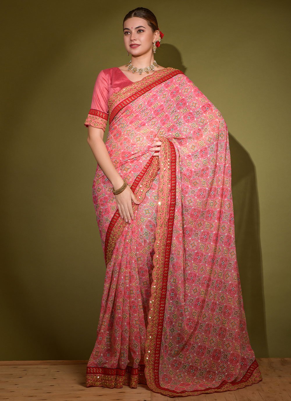 Trendy Saree Chiffon Pink Lace Saree