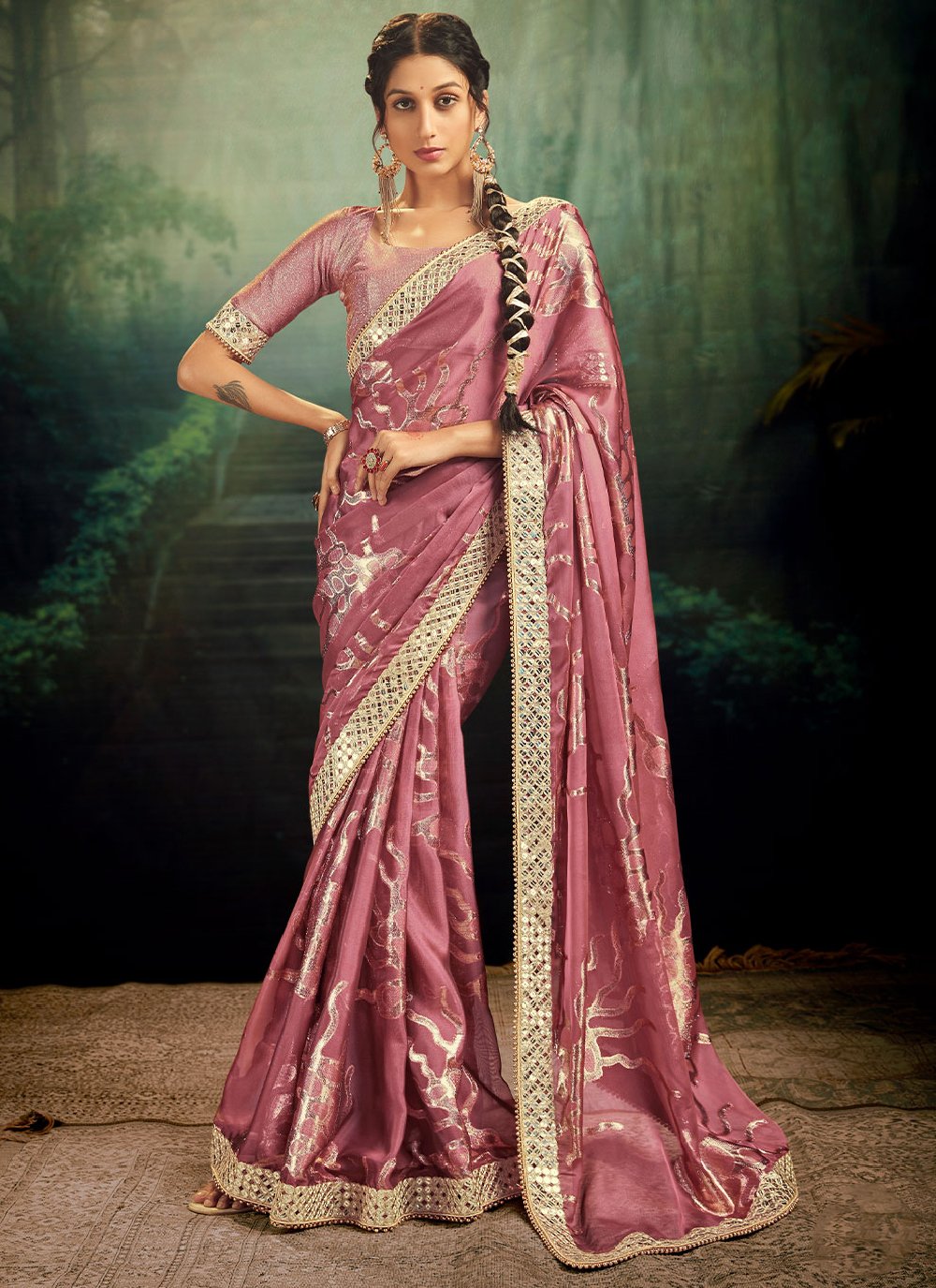Trendy Saree Jacquard Rangoli Pink Fancy Work Saree
