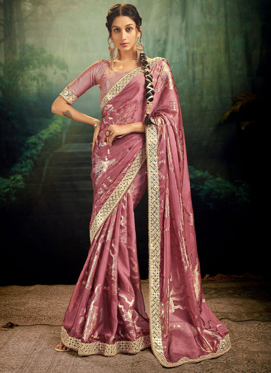 Trendy Saree Jacquard Rangoli Pink Fancy Work Saree