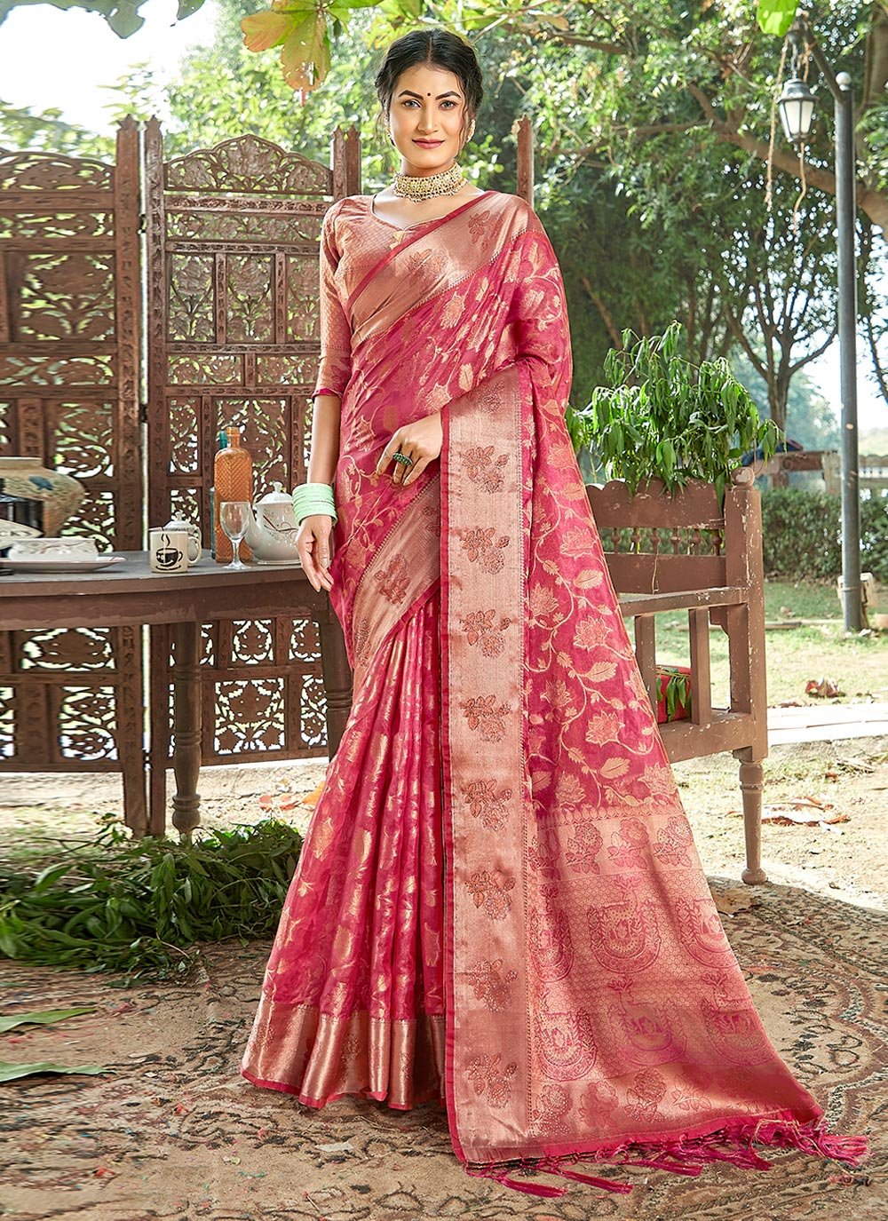Trendy Saree Organza Pink Embroidered Saree