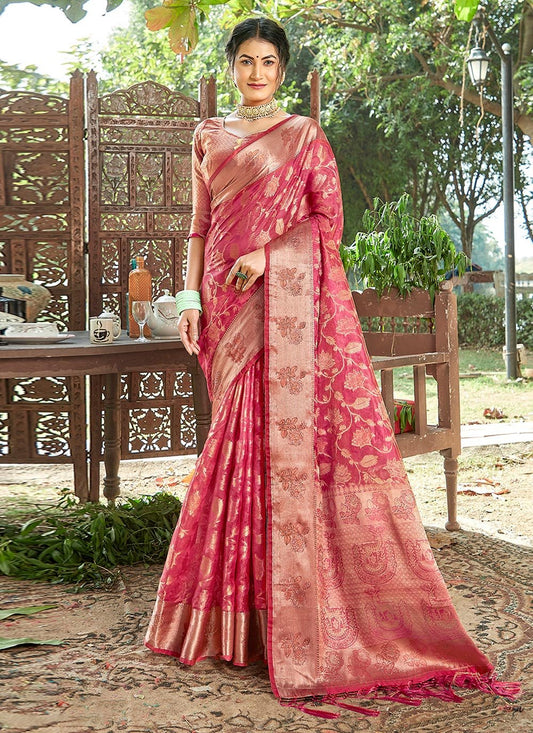 Trendy Saree Organza Pink Embroidered Saree