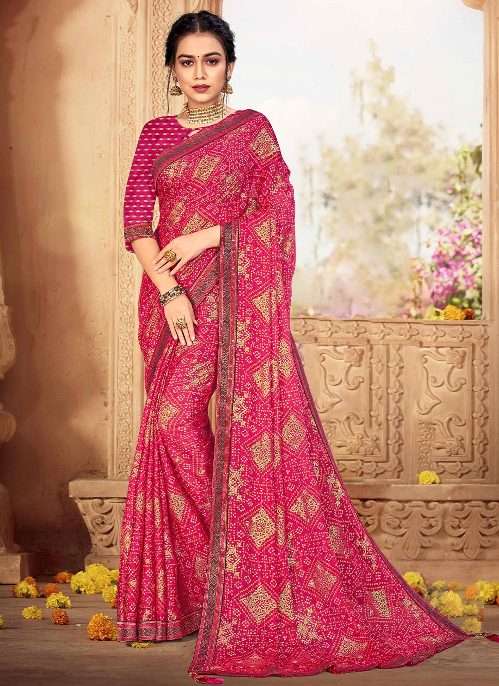 Contemporary Chiffon Pink Weaving Saree