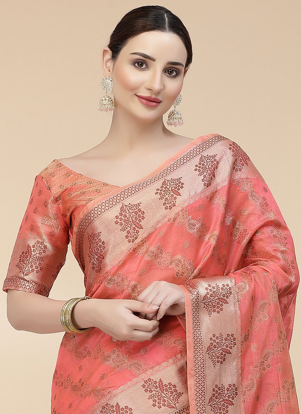 Contemporary Organza Pink Patch Border Saree