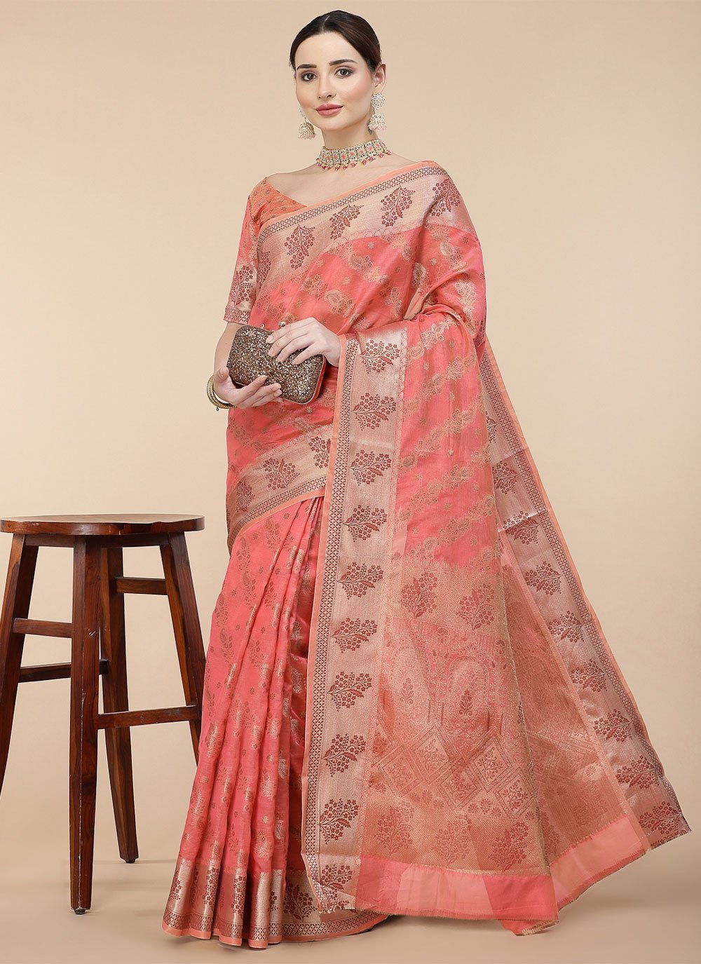 Contemporary Organza Pink Patch Border Saree