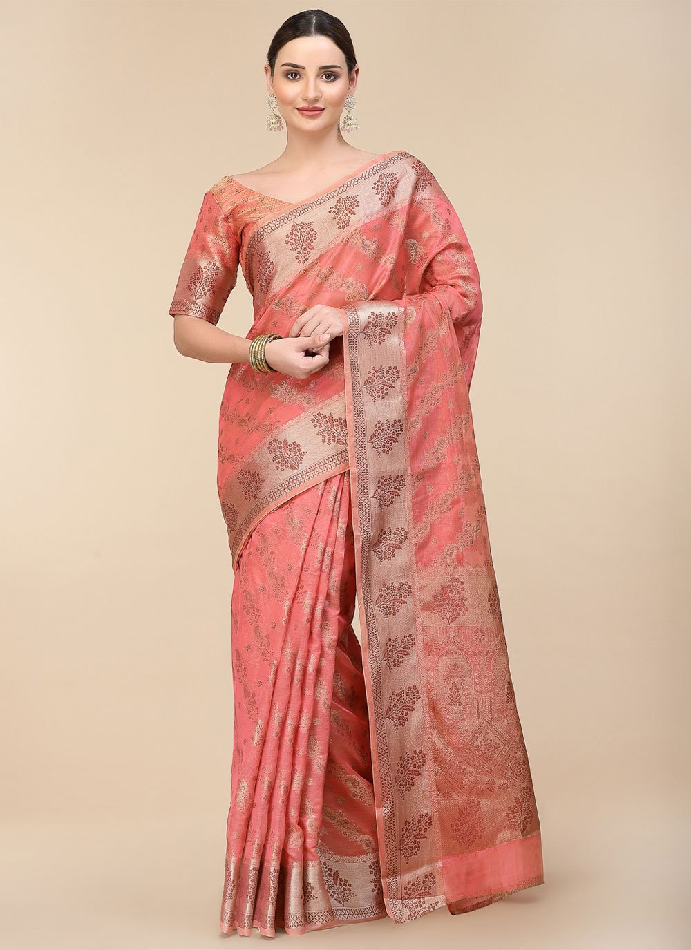 Contemporary Organza Pink Patch Border Saree