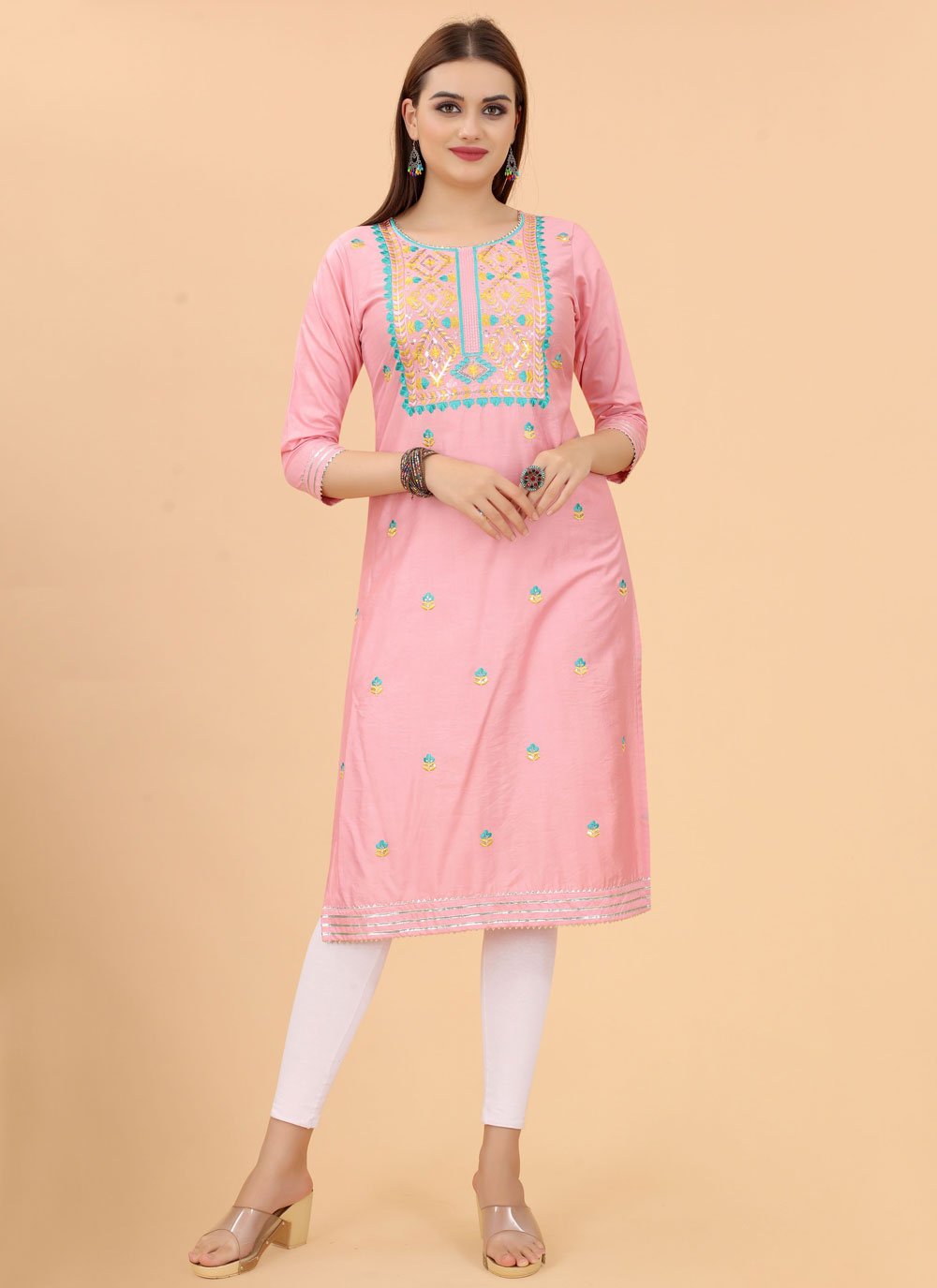 Casual Kurti Cotton Pink Embroidered Kurtis