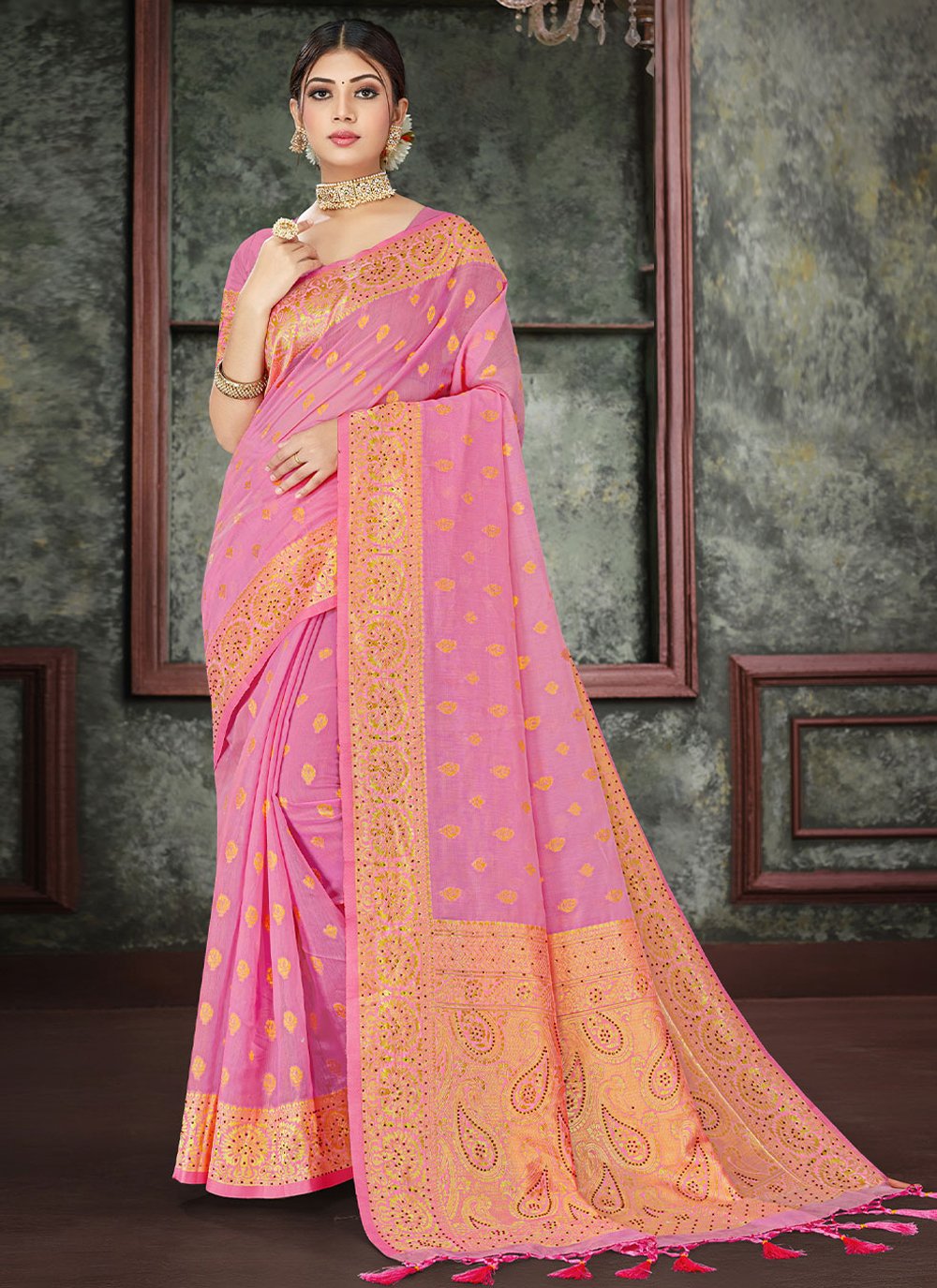 Classic Cotton Pink Swarovski Saree