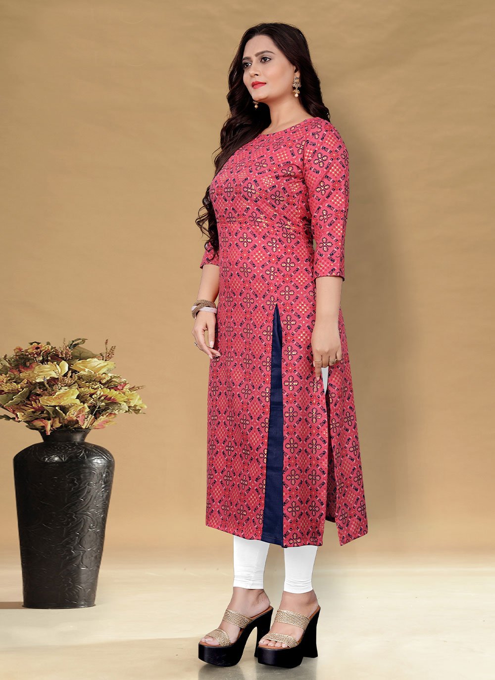 Party Wear Kurti Cotton Pink Foil Print Kurtis