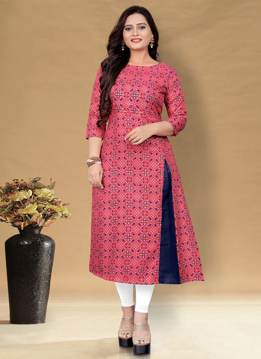 Party Wear Kurti Cotton Pink Foil Print Kurtis