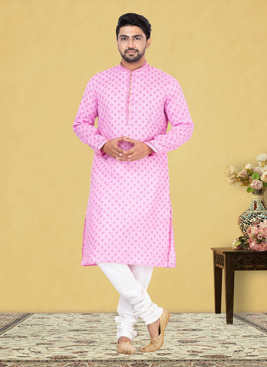Kurta Pyjama Cotton Linen Pink Fancy Work Mens