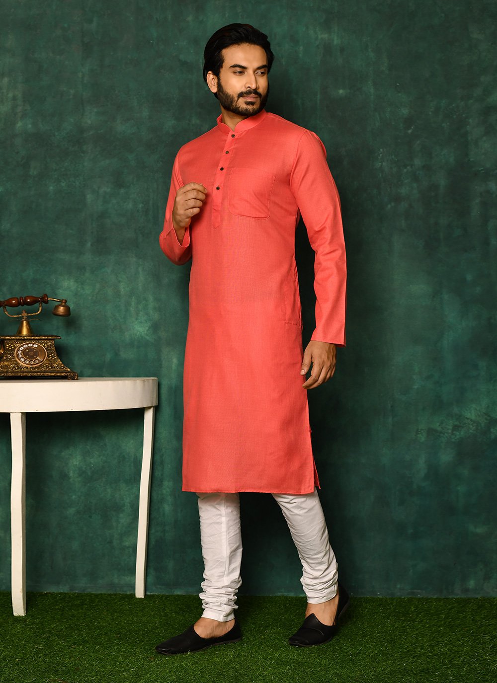 Kurta Pyjama Cotton Pink Plain Mens