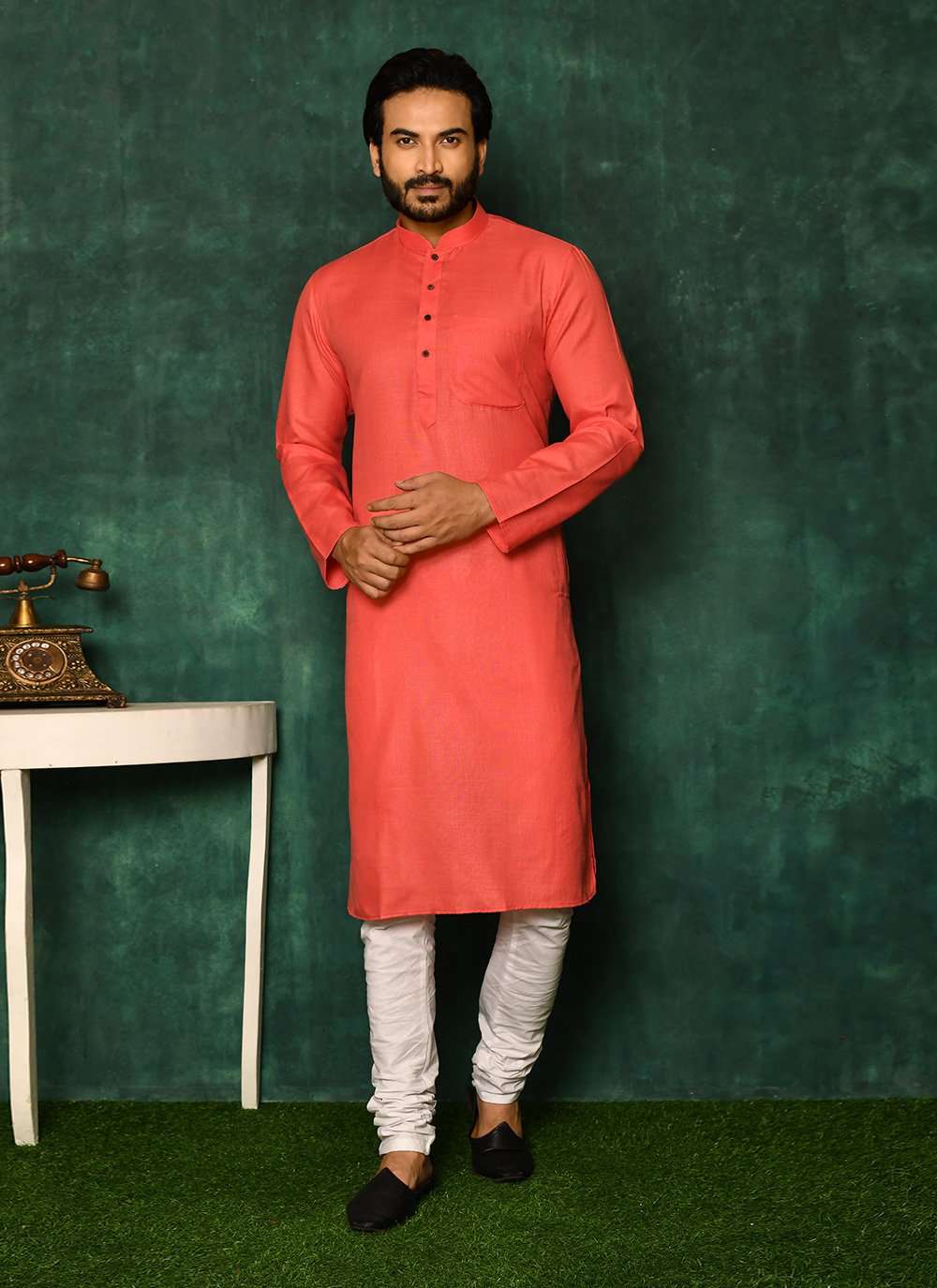 Kurta Pyjama Cotton Pink Plain Mens