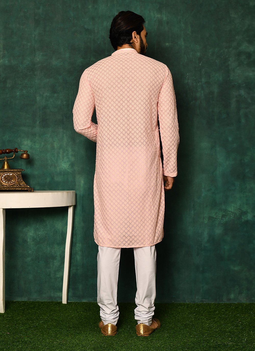 Kurta Pyjama Cotton Pink Chikankari Work Mens