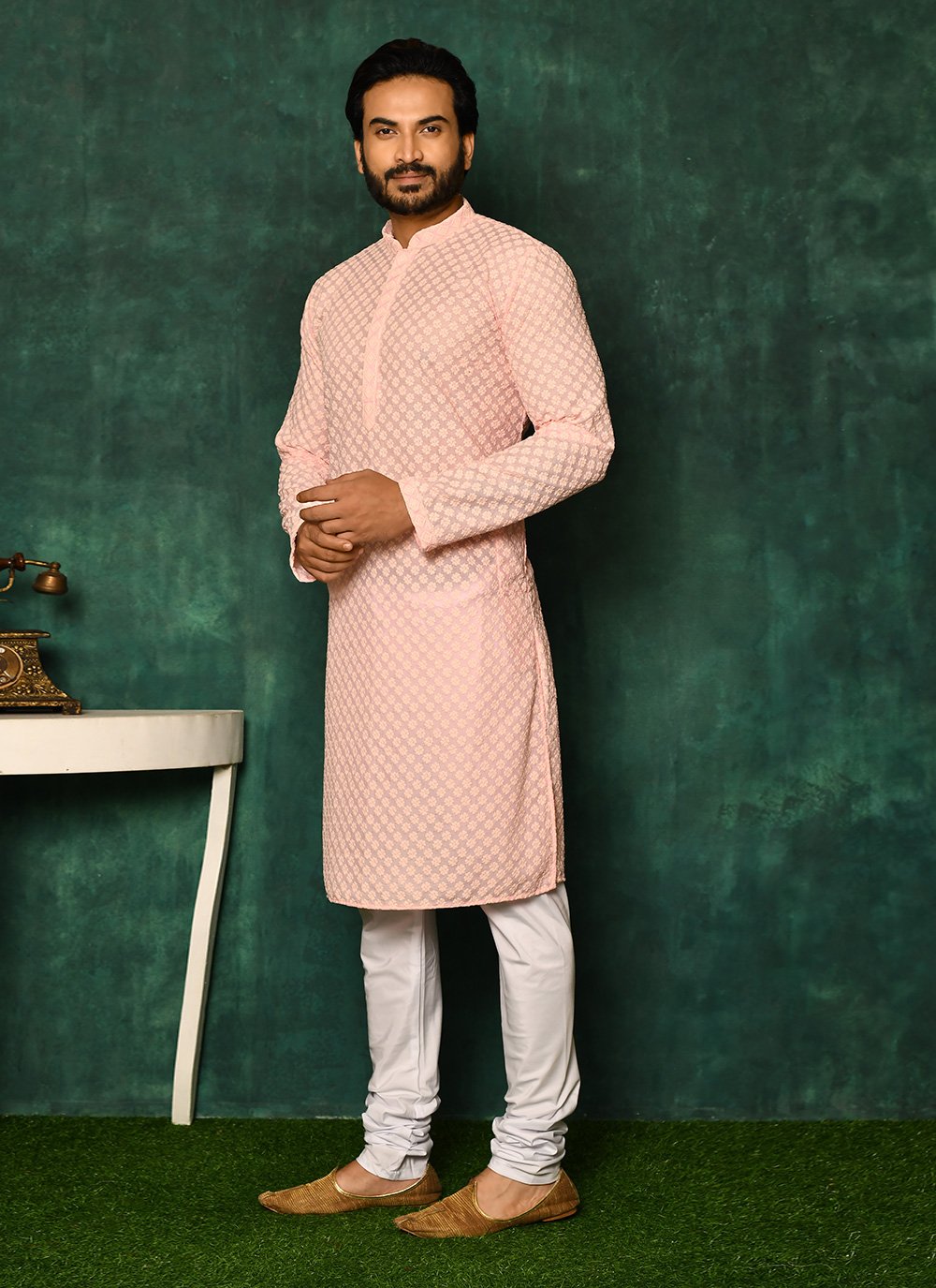 Kurta Pyjama Cotton Pink Chikankari Work Mens