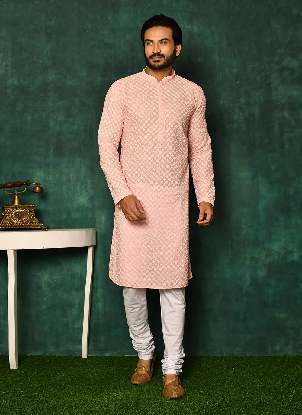 Kurta Pyjama Cotton Pink Chikankari Work Mens