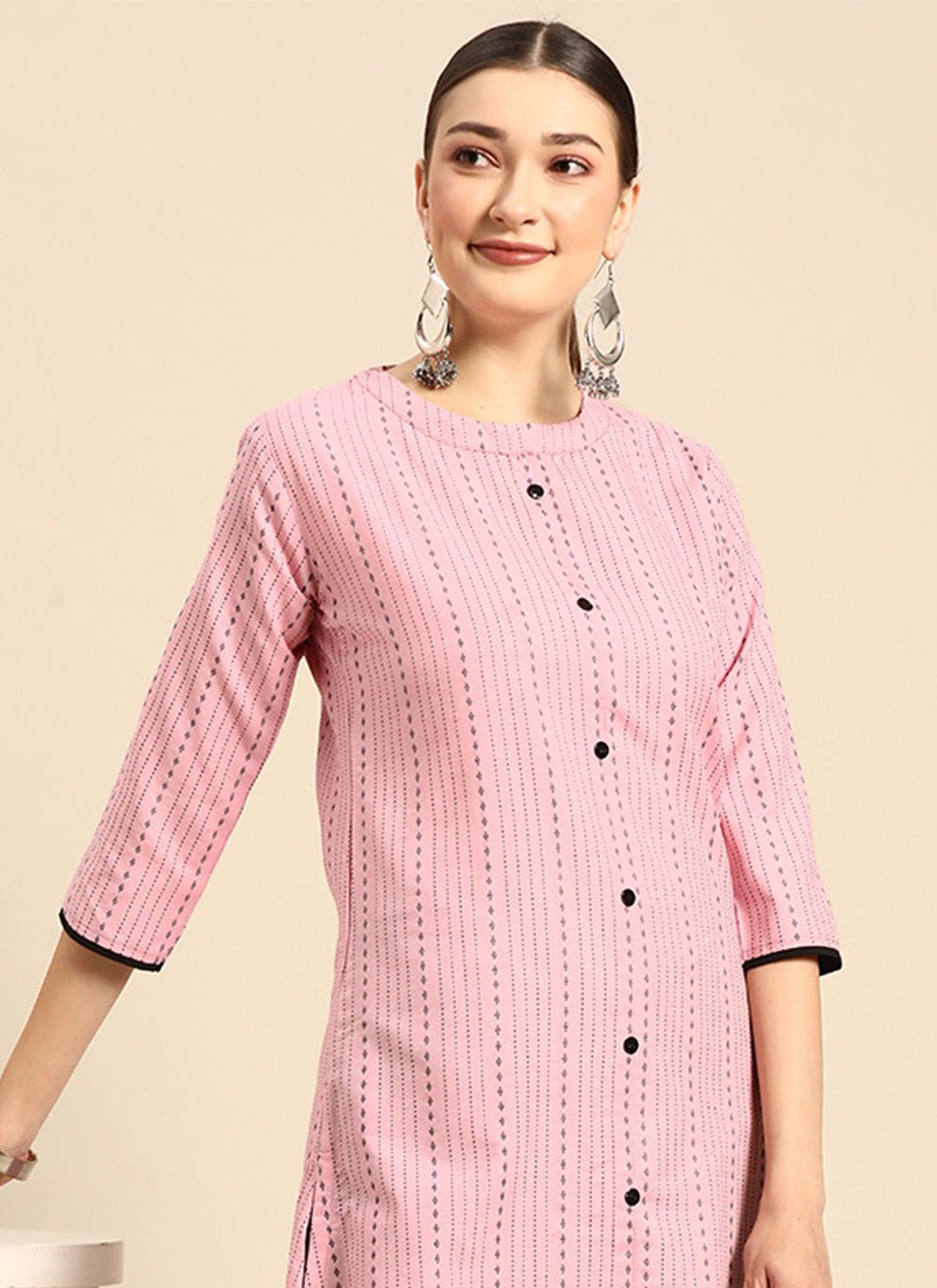 Party Wear Kurti Cotton Pink Strips Print Kurtis