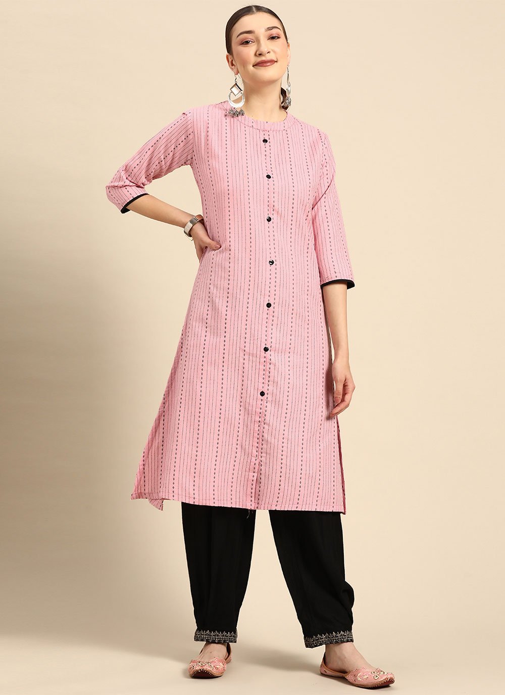 Party Wear Kurti Cotton Pink Strips Print Kurtis