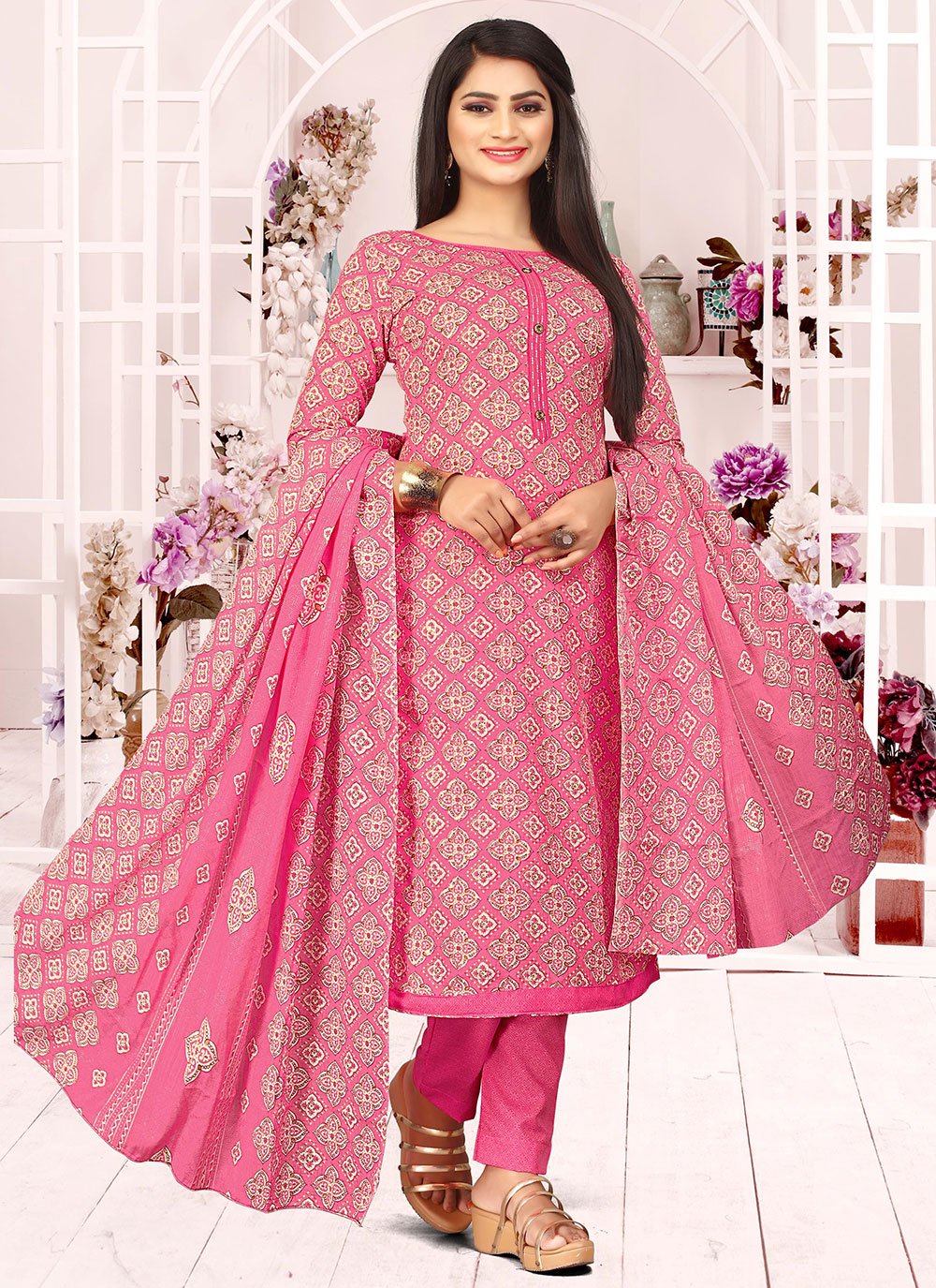 Salwar Suit Cotton Pink Buttons Salwar Kameez