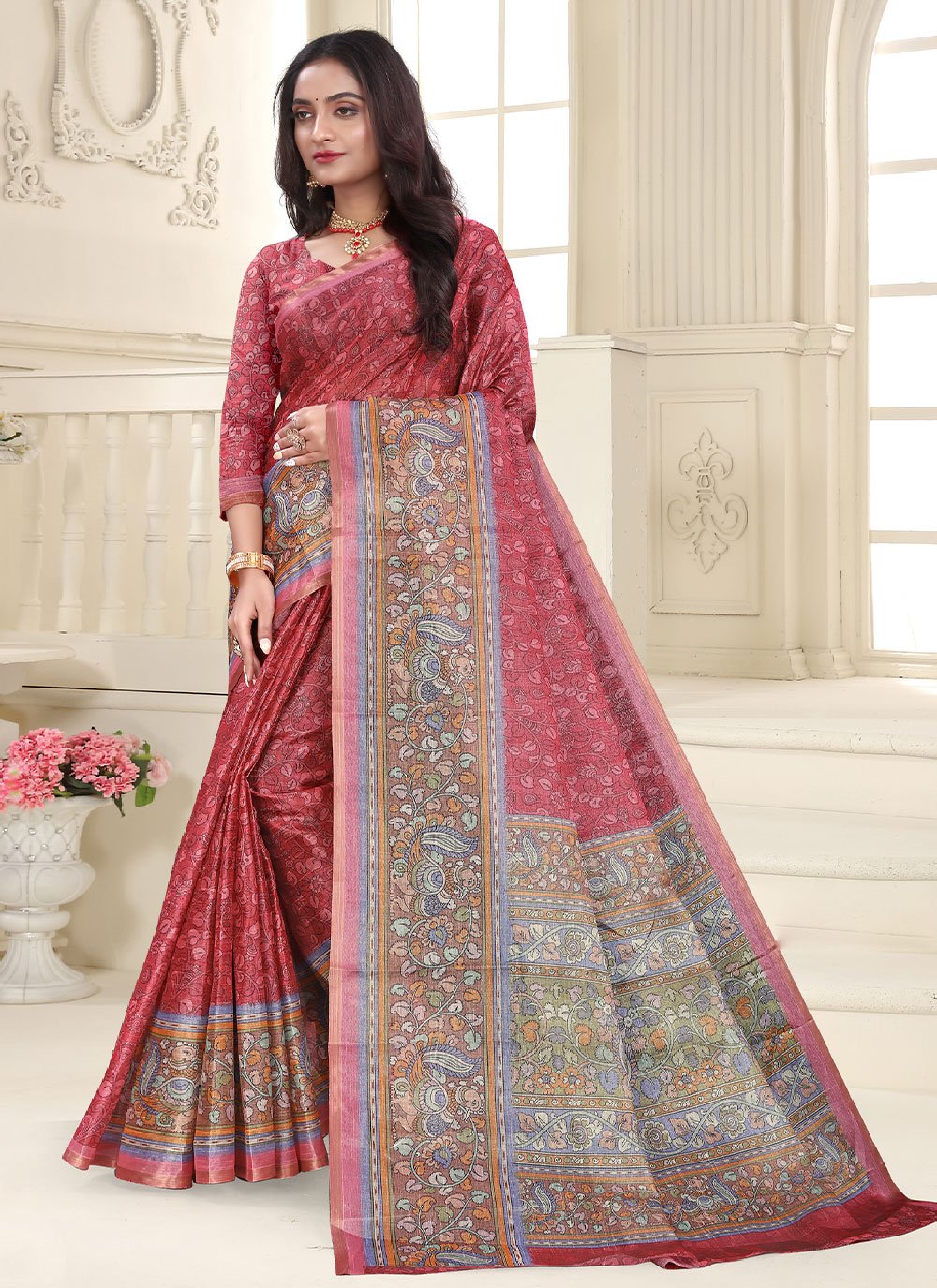 Trendy Saree Cotton Silk Pink Digital Print Saree