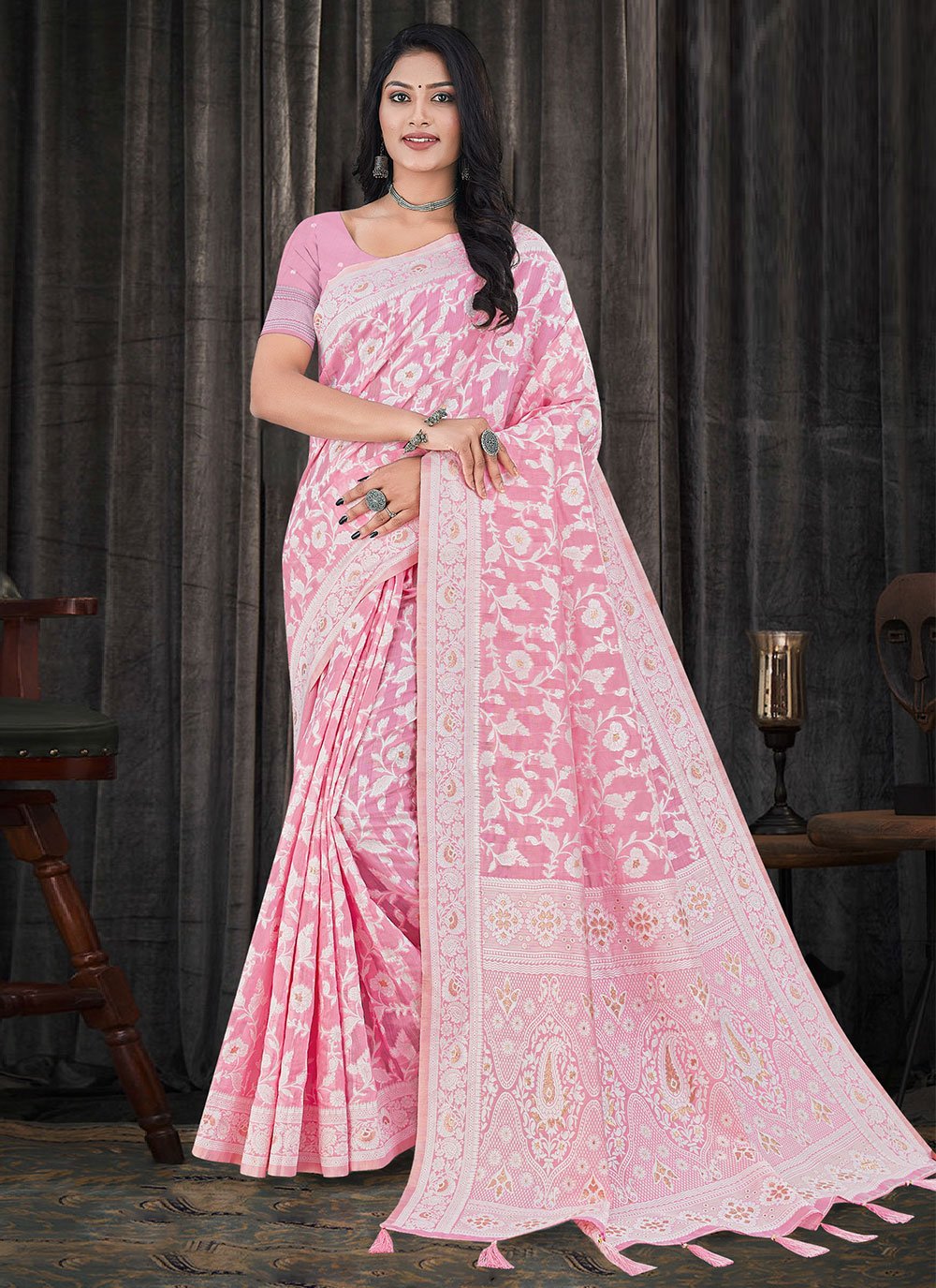 Classic Cotton Silk Pink Resham Saree