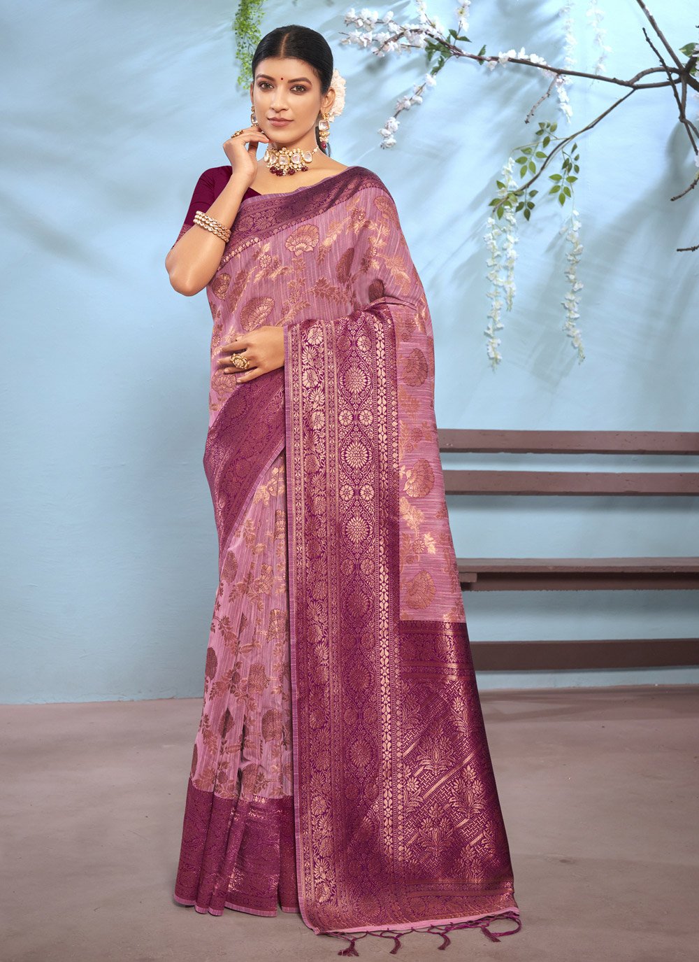 Trendy Saree Cotton Pink Zari Saree