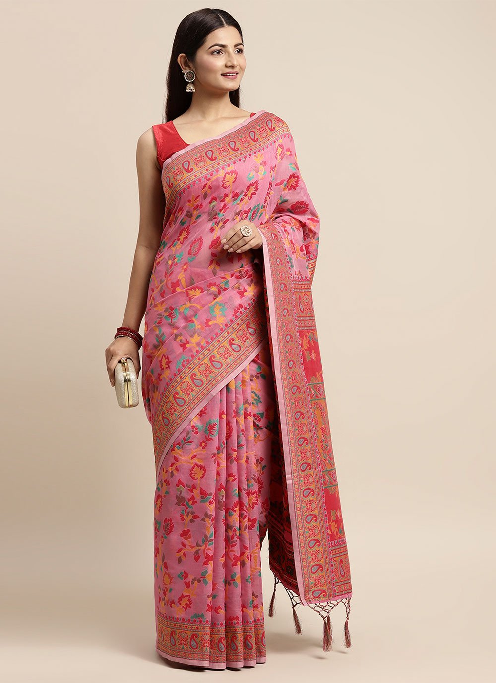 Trendy Saree Cotton Pink Woven Saree