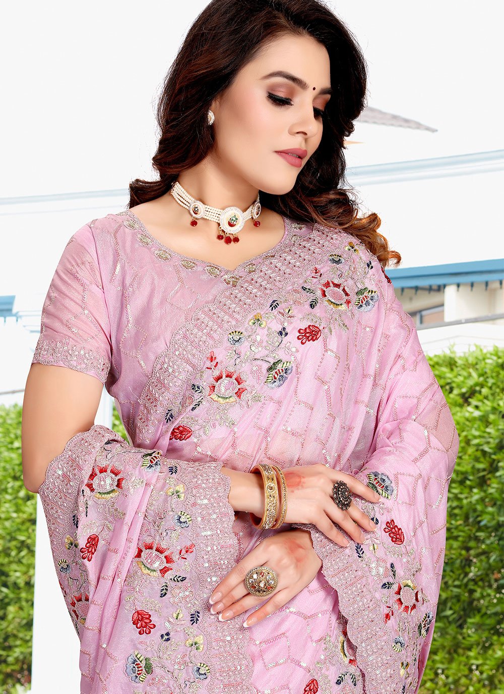 Classic Crepe Silk Pink Embroidered Saree