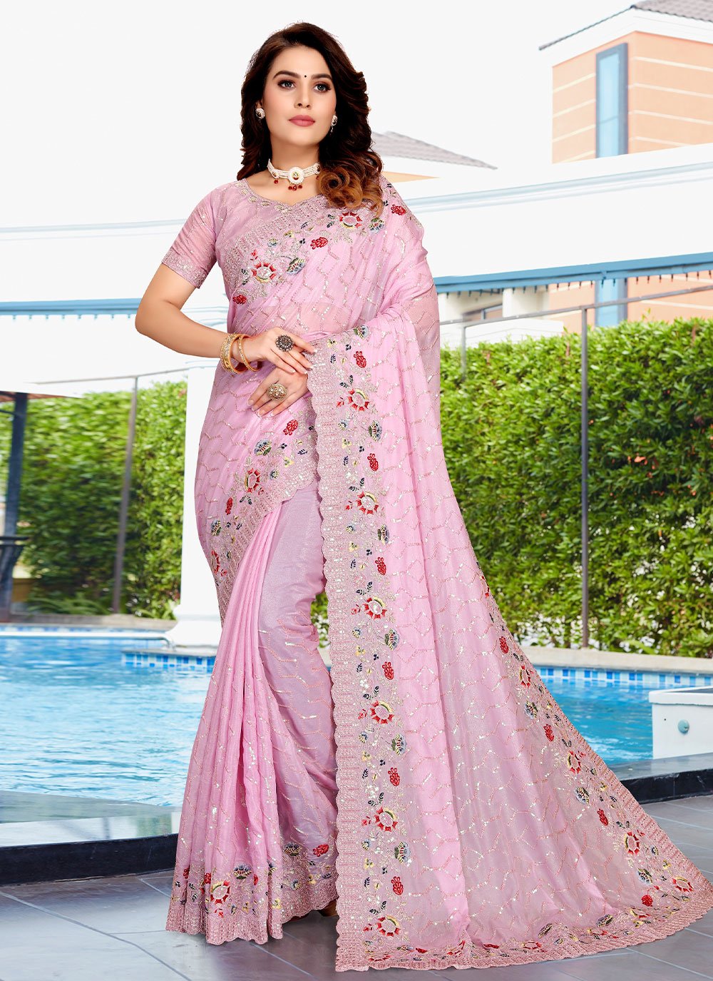 Classic Crepe Silk Pink Embroidered Saree