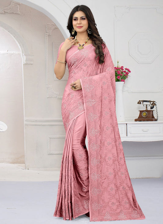 Contemporary Crepe Silk Pink Embroidered Saree