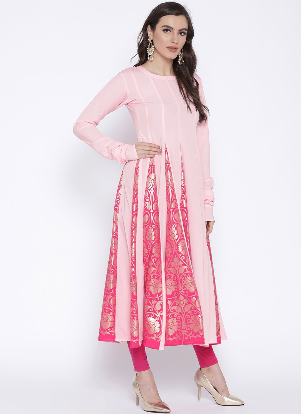 Floor Length Kurti Crepe Silk Pink Print Kurtis