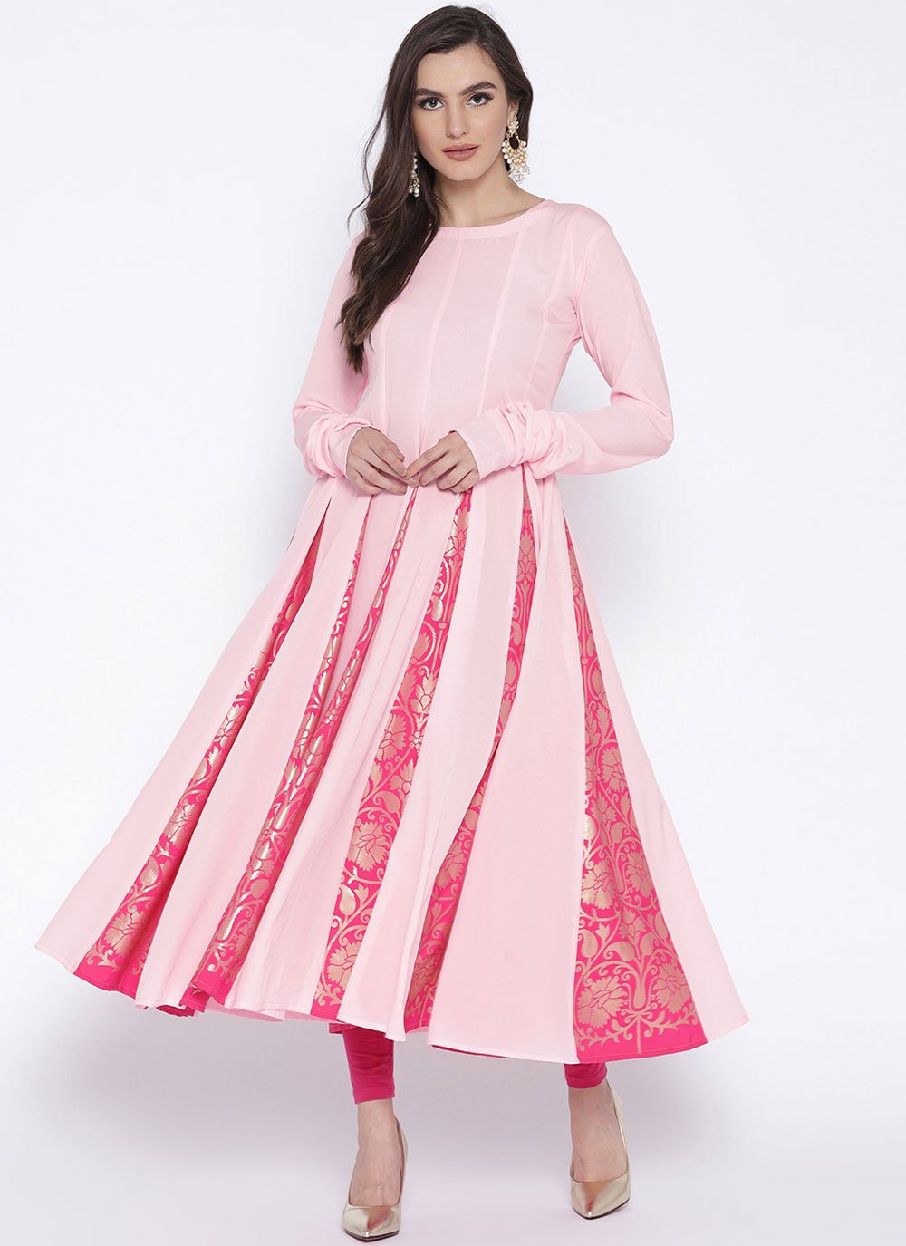 Floor Length Kurti Crepe Silk Pink Print Kurtis