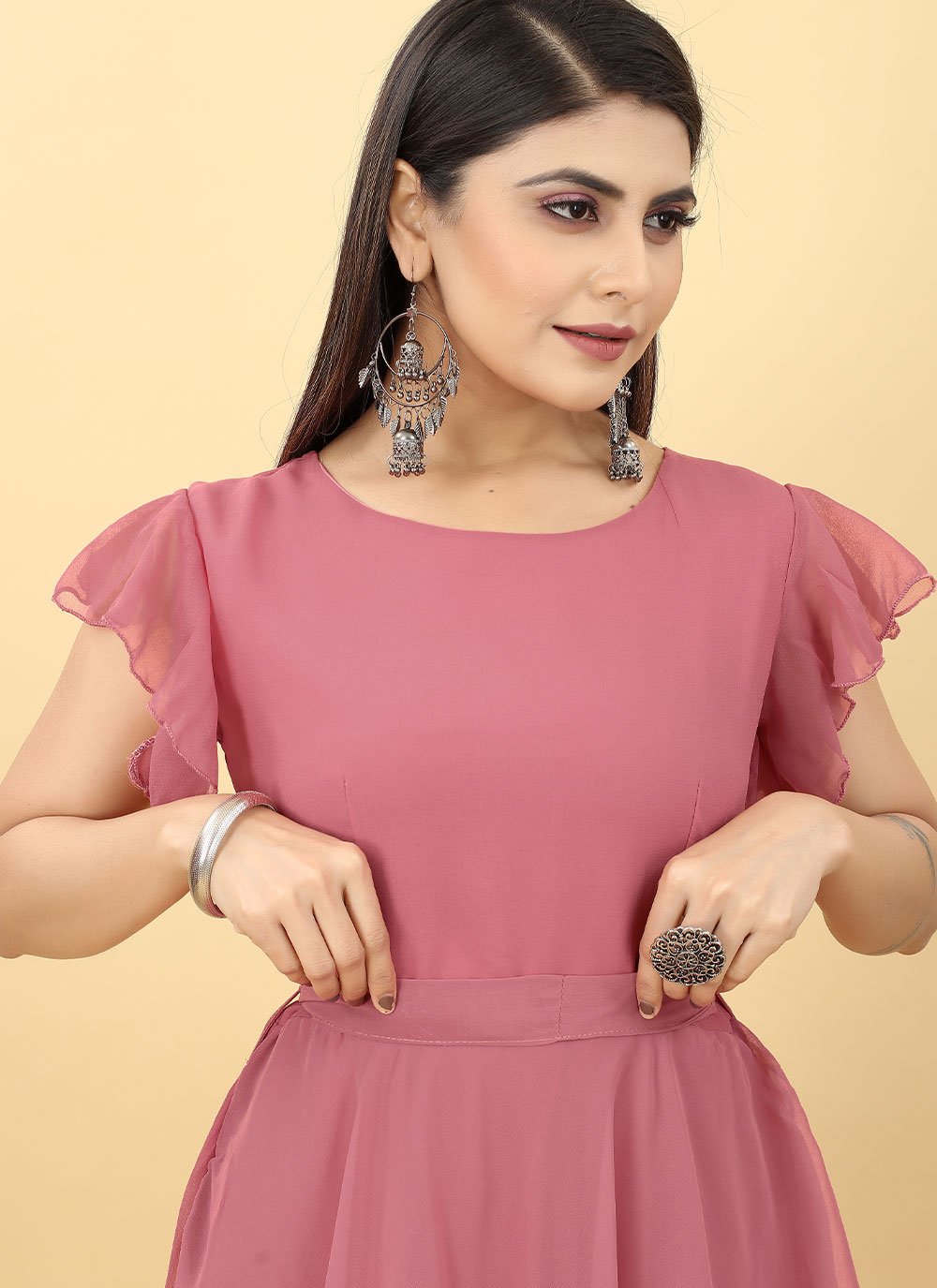 Designer Gown Georgette Pink Plain Gown